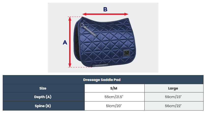 2025 Weatherbeeta Satin Luxe Air-Tec Dressage Saddle Pad  Size Chart